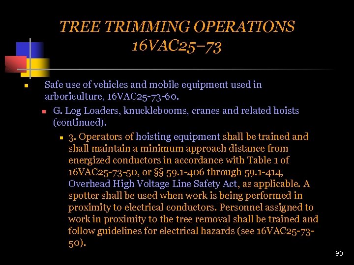 TREE TRIMMING OPERATIONS 16 VAC 25– 73 n Safe use of vehicles and mobile