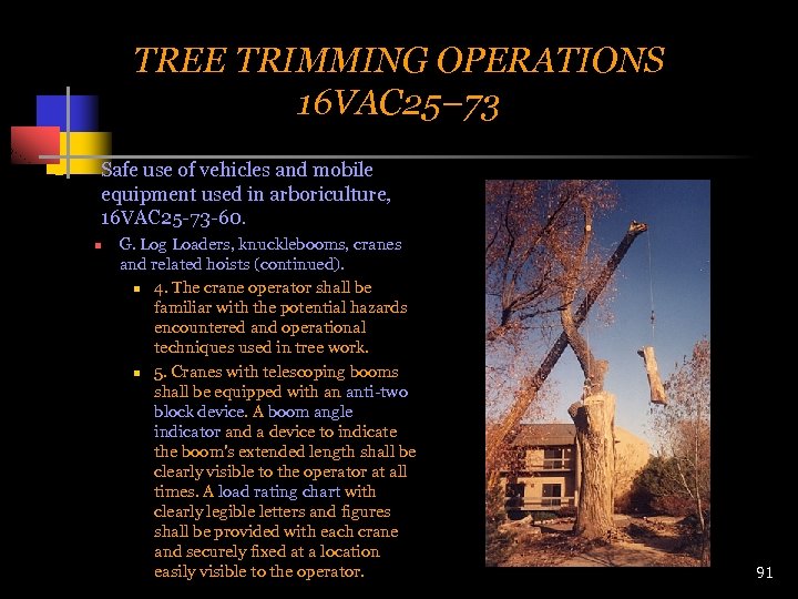 TREE TRIMMING OPERATIONS 16 VAC 25– 73 n Safe use of vehicles and mobile