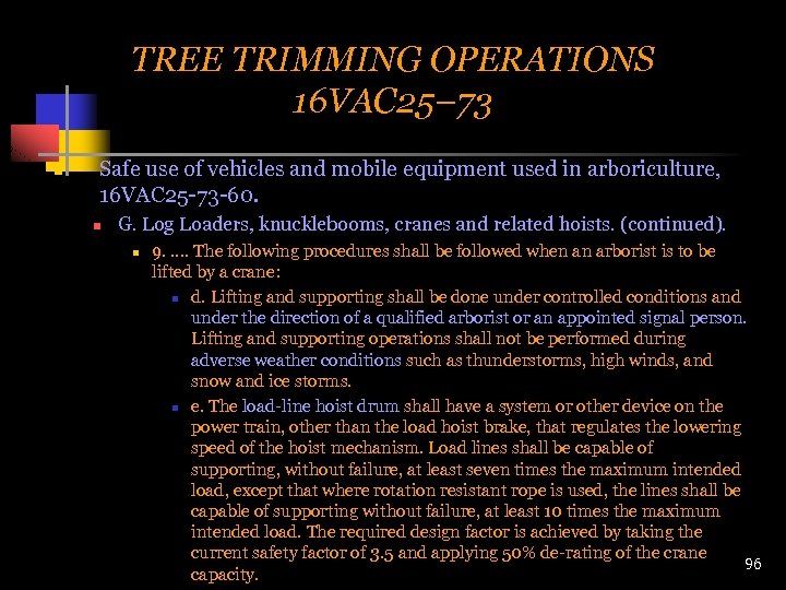 TREE TRIMMING OPERATIONS 16 VAC 25– 73 n Safe use of vehicles and mobile