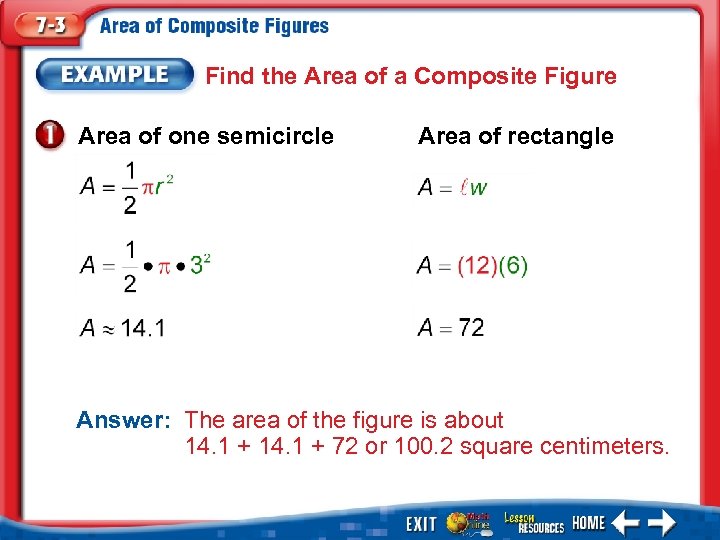 Find the Area of a Composite Figure Area of one semicircle Area of rectangle