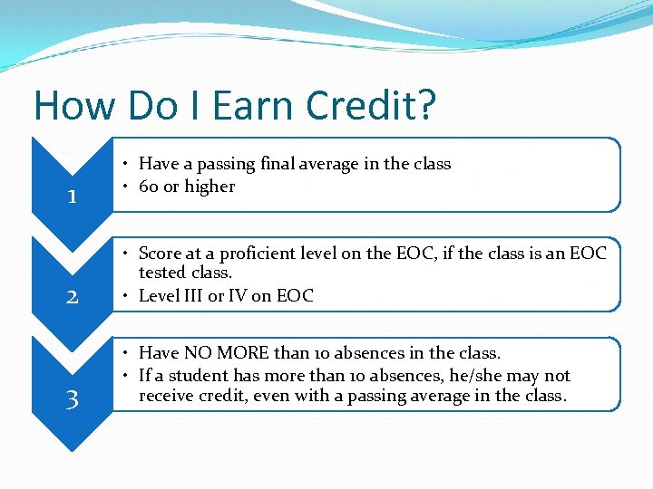 How Do I Earn Credit? 1 • Have a passing final average in the
