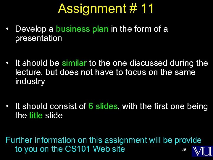 Assignment # 11 • Develop a business plan in the form of a presentation