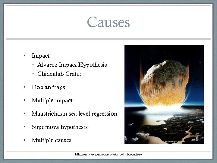 Causes • Impact • Alvarez Impact Hypothesis • Chicxulub Crater • Deccan traps •