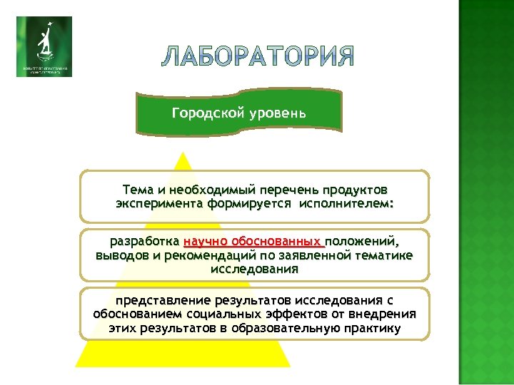Городской уровень Тема и необходимый перечень продуктов эксперимента формируется исполнителем: разработка научно обоснованных положений,
