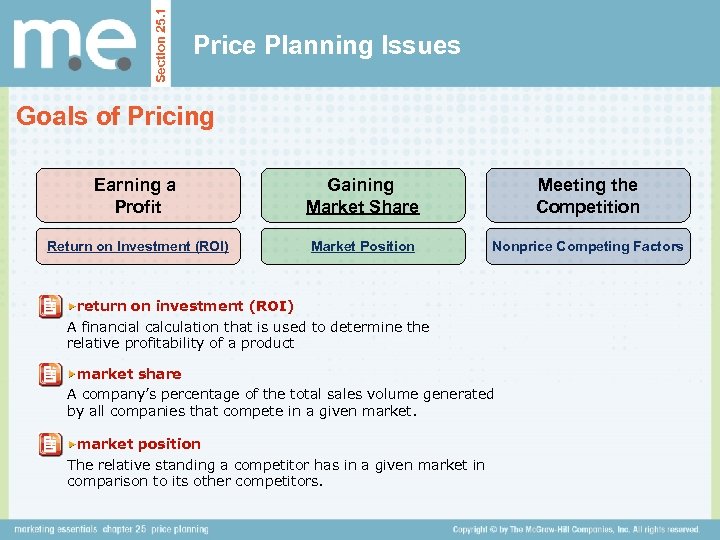 Section 25. 1 Price Planning Issues Goals of Pricing Earning a Profit Gaining Market