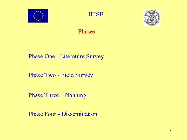 IFISE Phases Phase One - Literature Survey Phase Two - Field Survey Phase Three