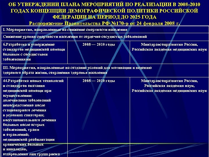 ОБ УТВЕРЖДЕНИИ ПЛАНА МЕРОПРИЯТИЙ ПО РЕАЛИЗАЦИИ В 2008 -2010 ГОДАХ КОНЦЕПЦИИ ДЕМОГРАФИЧЕСКОЙ ПОЛИТИКИ РОССИЙСКОЙ