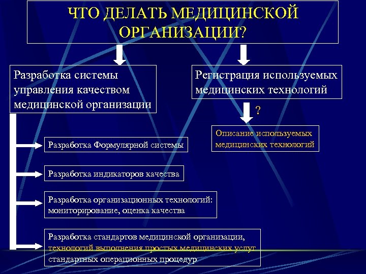 ЧТО ДЕЛАТЬ МЕДИЦИНСКОЙ ОРГАНИЗАЦИИ? Разработка системы управления качеством медицинской организации Регистрация используемых медицинских технологий