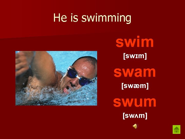He is swimming swim [swɪm] swam [swæm] swum [swʌm] 