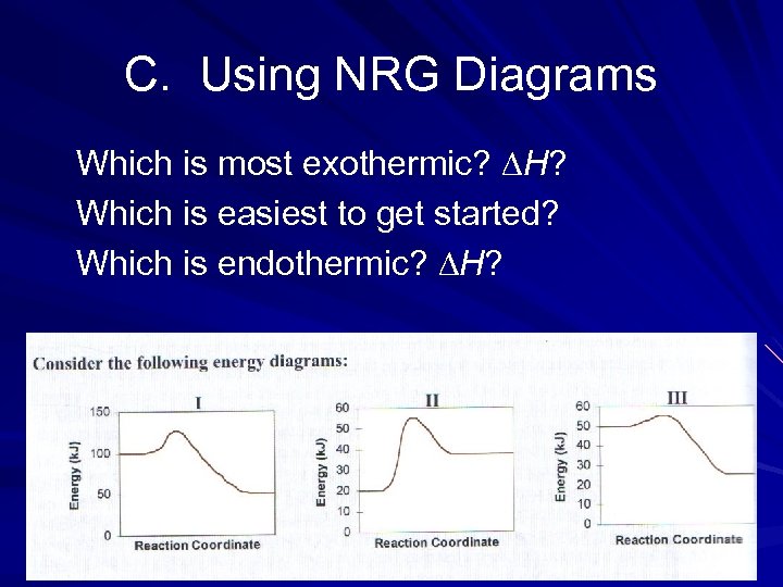 C. Using NRG Diagrams Which is most exothermic? ∆H? Which is easiest to get