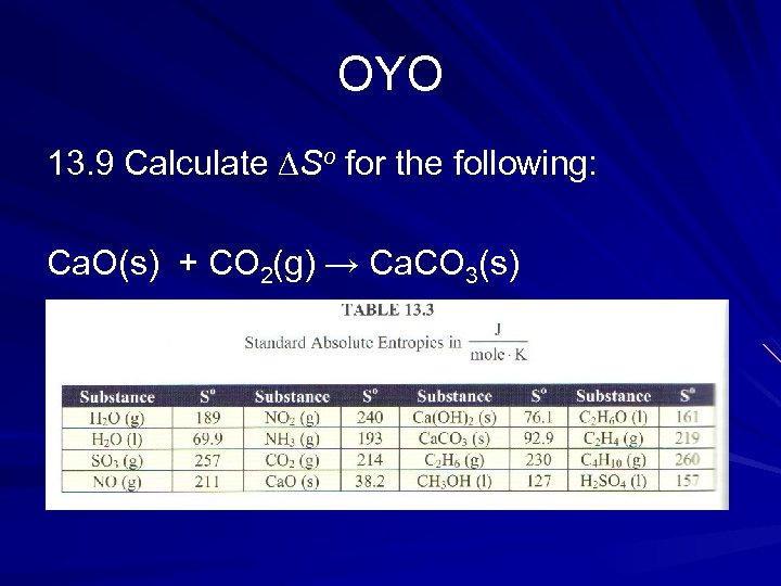 OYO 13. 9 Calculate ∆So for the following: Ca. O(s) + CO 2(g) →