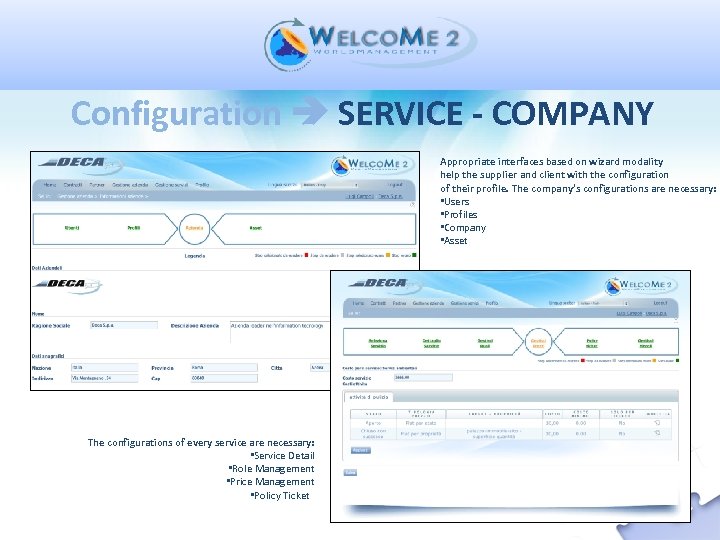 Configuration SERVICE - COMPANY Appropriate interfaces based on wizard modality help the supplier and