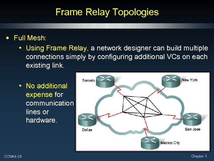 Frame Relay Topologies • Full Mesh: • Using Frame Relay, a network designer can