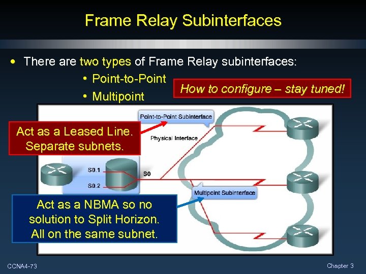 Frame Relay Subinterfaces • There are two types of Frame Relay subinterfaces: • Point-to-Point