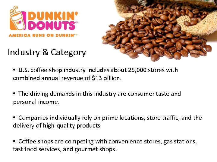 Industry & Category • U. S. coffee shop industry includes about 25, 000 stores