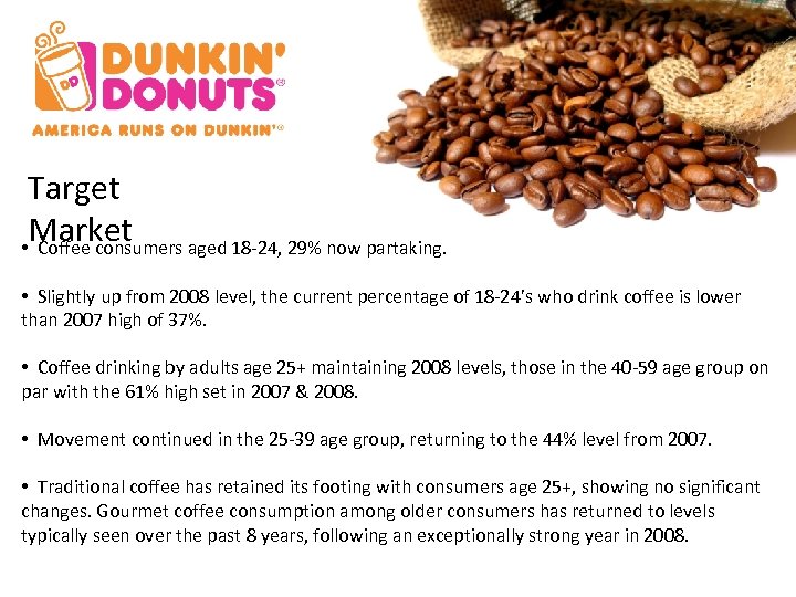 Target Market • Coffee consumers aged 18 -24, 29% now partaking. • Slightly up