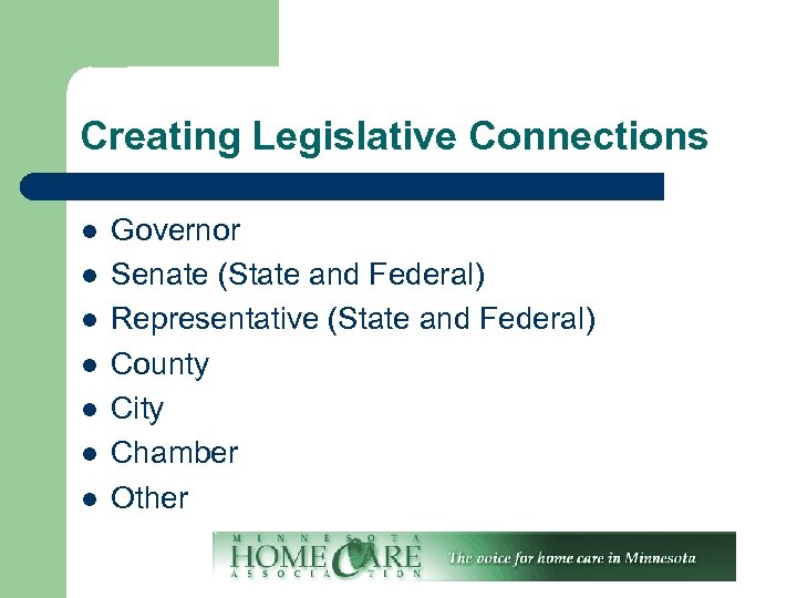 Creating Legislative Connections l l l l Governor Senate (State and Federal) Representative (State