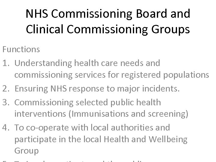 NHS Commissioning Board and Clinical Commissioning Groups Functions 1. Understanding health care needs and