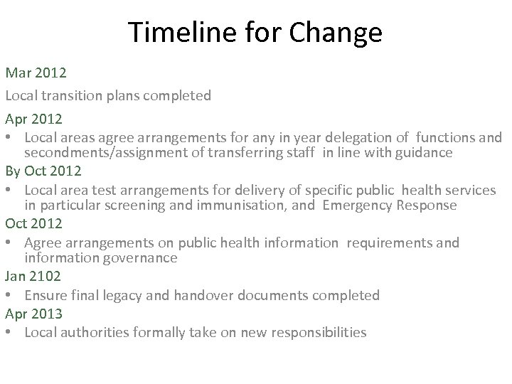 Timeline for Change Mar 2012 Local transition plans completed Apr 2012 • Local areas