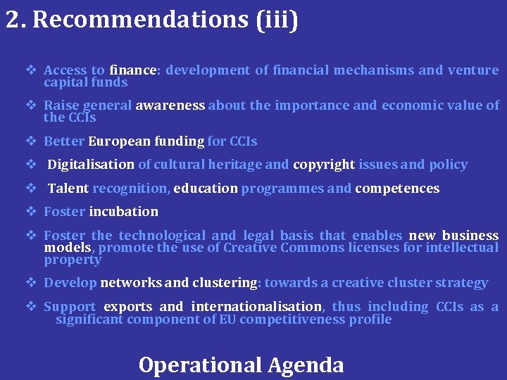 2. Recommendations (iii) v Access to finance: development of financial mechanisms and venture capital