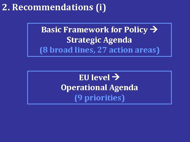 2. Recommendations (i) Basic Framework for Policy Strategic Agenda (8 broad lines, 27 action