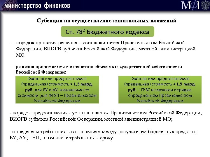 51 Мф] Субсидии на осуществление капитальных вложений Ст. 782 Бюджетного кодекса - порядок принятия