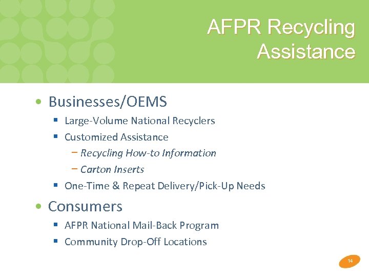 AFPR Recycling Assistance • Businesses/OEMS § Large-Volume National Recyclers § Customized Assistance − Recycling