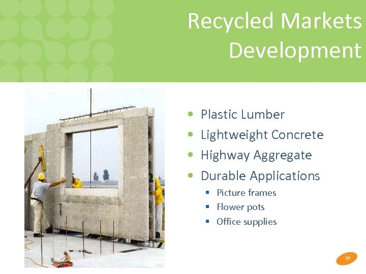 Recycled Markets Development • • Plastic Lumber Lightweight Concrete Highway Aggregate Durable Applications §