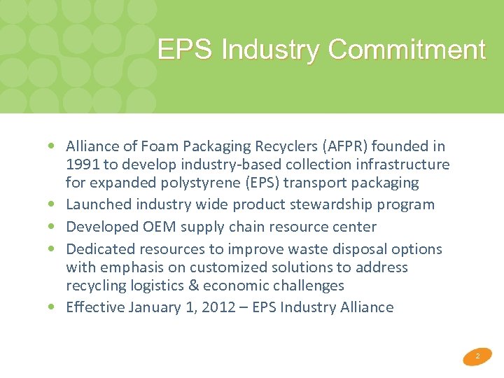 EPS Industry Commitment • Alliance of Foam Packaging Recyclers (AFPR) founded in 1991 to