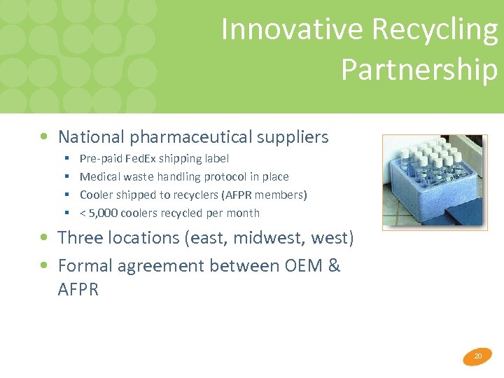 Innovative Recycling Partnership • National pharmaceutical suppliers § § Pre-paid Fed. Ex shipping label