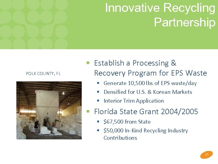 Innovative Recycling Partnership POLK COUNTY, FL • Establish a Processing & Recovery Program for