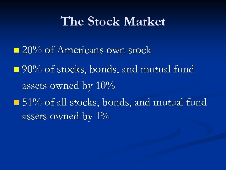 The Stock Market n 20% of Americans own stock n 90% of stocks, bonds,