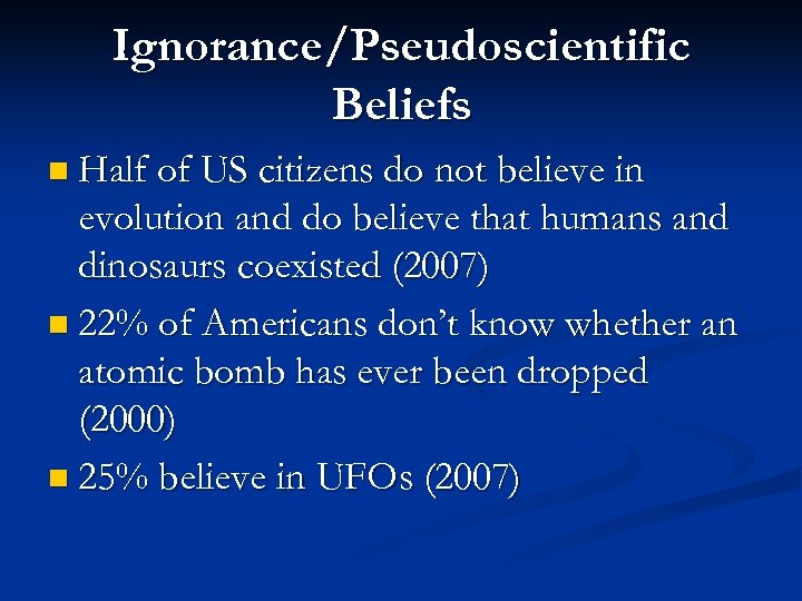 Ignorance/Pseudoscientific Beliefs n Half of US citizens do not believe in evolution and do