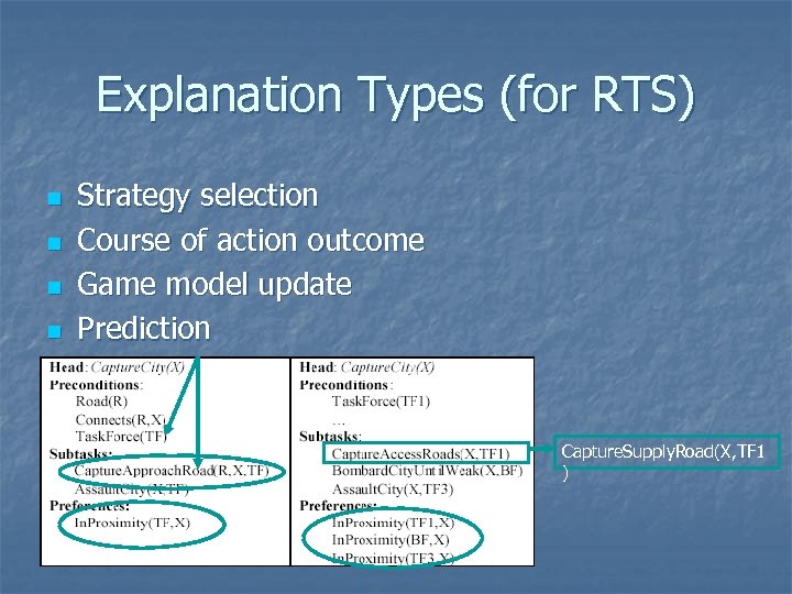Explanation Types (for RTS) n n Strategy selection Course of action outcome Game model