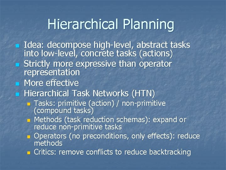 Hierarchical Planning n n Idea: decompose high-level, abstract tasks into low-level, concrete tasks (actions)