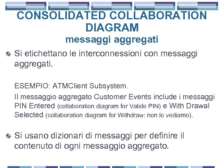 CONSOLIDATED COLLABORATION DIAGRAM messaggi aggregati Si etichettano le interconnessioni con messaggi aggregati. ESEMPIO: ATMClient