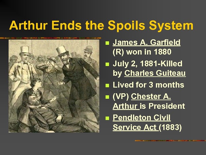 Arthur Ends the Spoils System n n n James A. Garfield (R) won in