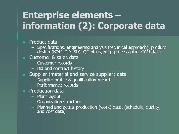 Enterprise elements – information (2): Corporate data n Product data n Customer & sales