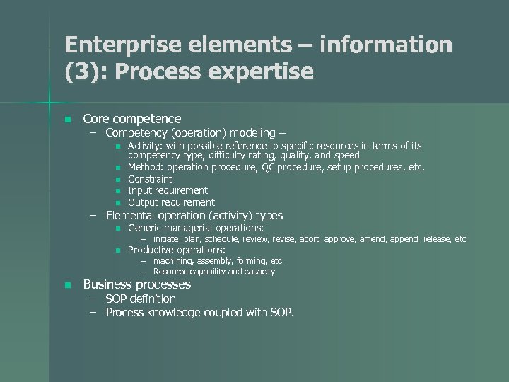 Enterprise elements – information (3): Process expertise n Core competence – Competency (operation) modeling