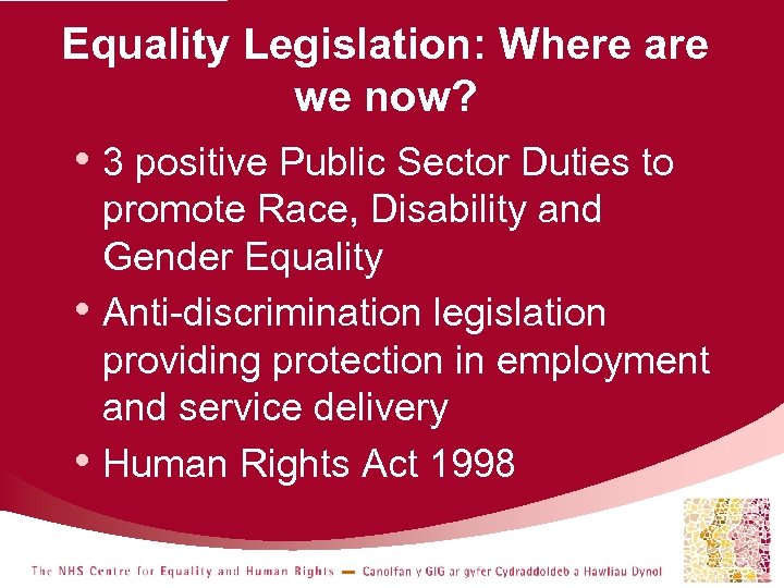 Equality Legislation: Where are we now? • 3 positive Public Sector Duties to •