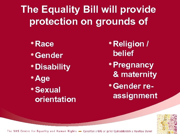 The Equality Bill will provide protection on grounds of • Race • Gender •