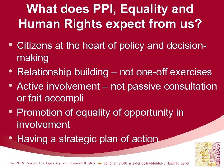 What does PPI, Equality and Human Rights expect from us? • • • Citizens