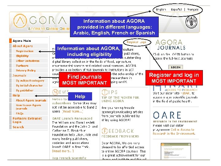 Information about AGORA provided in different languages: Arabic, English, French or Spanish Information about