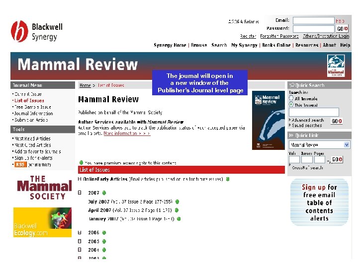 The journal will open in a new window of the Publisher’s Journal level page
