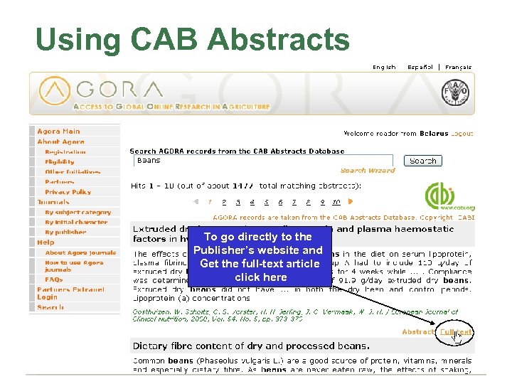 Using CAB Abstracts To go directly to the Publisher’s website and Get the full-text