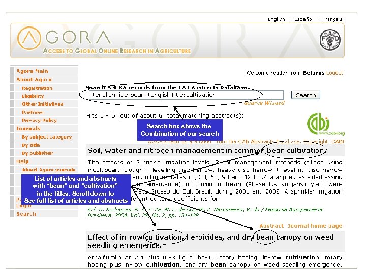 Search box shows the Combination of our search List of articles and abstracts with