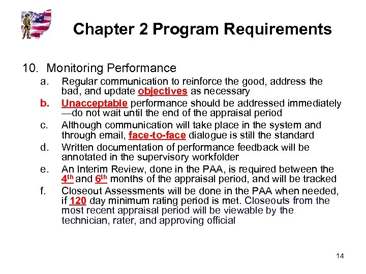 Chapter 2 Program Requirements 10. Monitoring Performance a. b. c. d. e. f. Regular