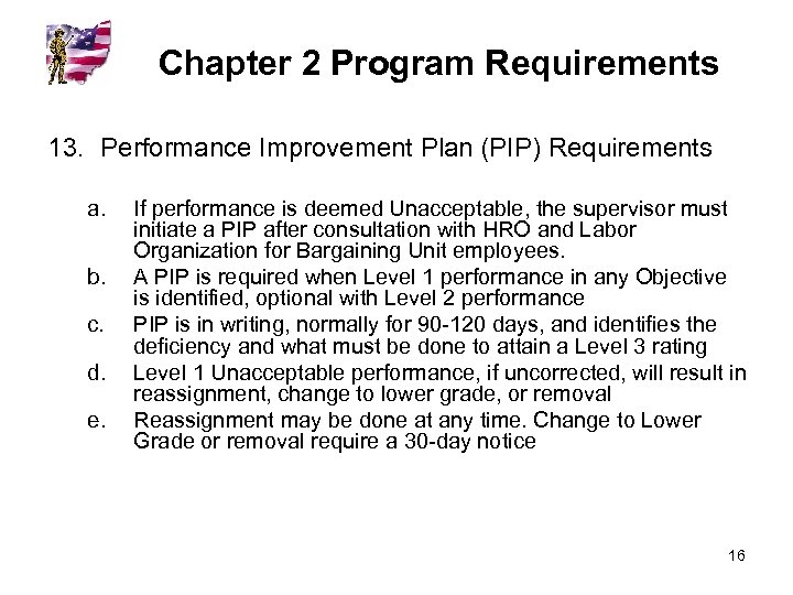 Chapter 2 Program Requirements 13. Performance Improvement Plan (PIP) Requirements a. b. c. d.