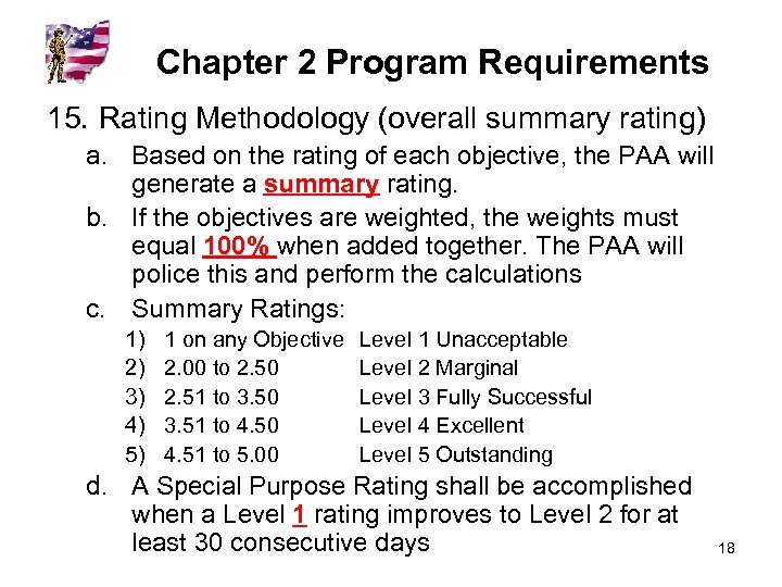 Chapter 2 Program Requirements 15. Rating Methodology (overall summary rating) a. Based on the
