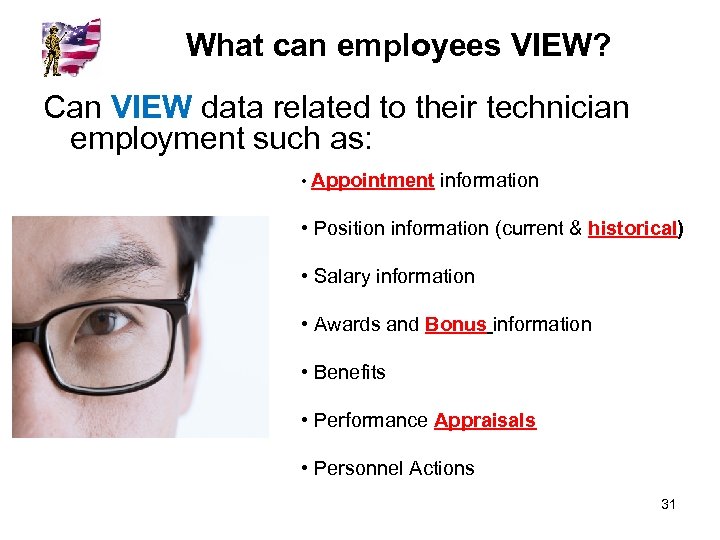 What can employees VIEW? Can VIEW data related to their technician employment such as: